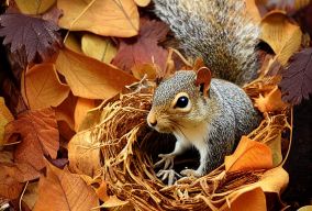 一只松鼠在一堆秋天的树叶中筑巢
