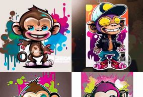 彩色绘画和涂鸦艺术风格快乐的猴子