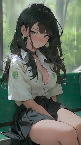 天真纯真的女孩坐在乡村公共汽车站