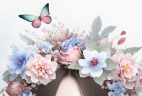 美丽的女孩，飞舞的蝴蝶和飘落的花瓣