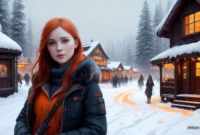 冬天的村庄里橙红色头发的贾丽萨