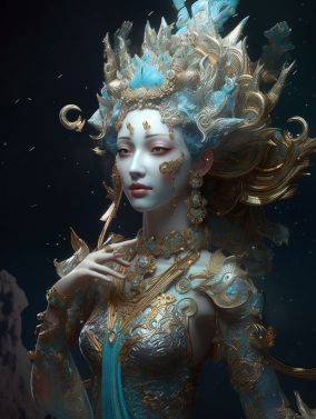 [V5] 淡蓝色中国古代神话中美丽的女神雕塑