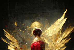 身着深红色连衣裙的少女展开金色的天使翅膀