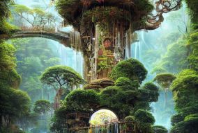 郁郁葱葱的神奇梦幻雨林环境中的未来水神庙