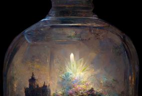 玻璃缸内苔藓山上的生物发光的城堡