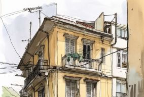 [V5] 水墨素描描绘了现代雅典的一个街区