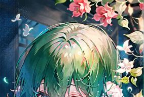 绿发少女在色彩斑斓的花丛中