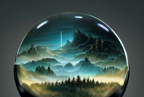 水晶球里迷雾重重的森林和山脉