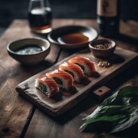 [V5] 一张放在乡村木桌上的寿司与清酒的俯视图