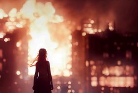女孩站在燃烧的城市