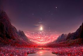 一片透明如镜的淡红色天空和新月的海水