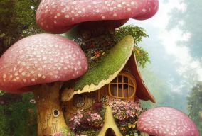被鲜花和蘑菇包围童话般的房子