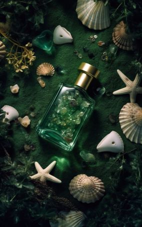 [V5] 一瓶绿色玻璃的香水平放在海藻中