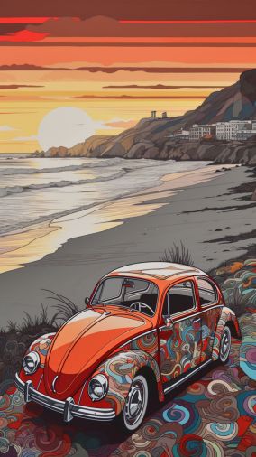 [V5] 日落前荒凉海滩上的一张70年代大众甲壳虫海报