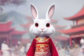 可爱的小白兔身着中国红色汉服