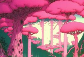 太空女巫居住在神奇的粉色森林家中