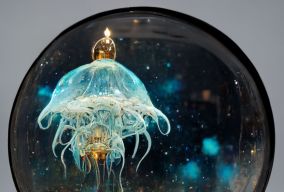 逼真的夜光神秘复杂的空间水母在一个雪球