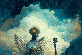 一位手持喇叭的天使从云端俯瞰