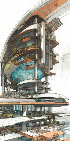 [V5] 一幅手绘的未来主义和生态风格的建筑设计图